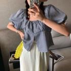 Puff-sleeve Gingham Slit Cropped Blouse