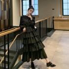 Long-sleeve Lace Collar Tiered Midi Dress