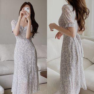 Short Sleeve Sweetheart Neckline Floral Chiffon Dress