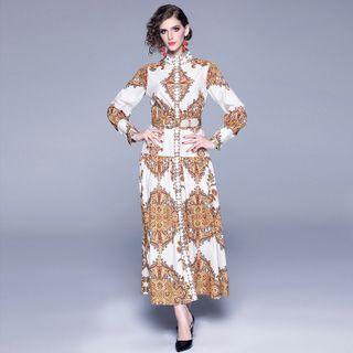 Stand Collar Print Maxi A-line Dress
