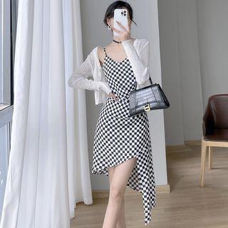 Set: Plain Cardigan + Spaghetti Strap Checkered Asymmetrical A-line Dress