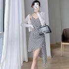 Set: Plain Cardigan + Spaghetti Strap Checkered Asymmetrical A-line Dress