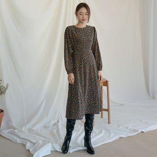 Bishop-sleeve Tie-waist Long Floral Dress