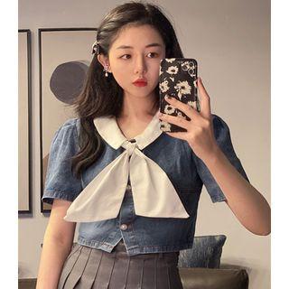 Short-sleeve Tie-neck Denim Blouse