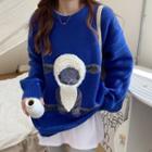 Embroidered Sheep Long-sleeve Sweater Blue - One Size