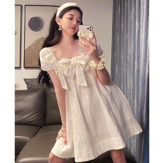 Short-sleeve Bow Accent A-line Dress White - One Size