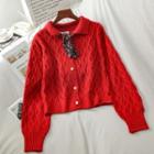 Collared Cable-knit Cardigan Red - One Size