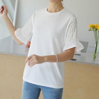 Round-neck Smocked-sleeve Top