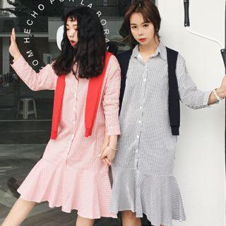Mock Two-piece 3/4-sleeve Striped Shirtdress