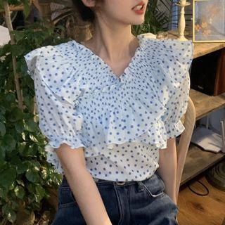 Short-sleeve Dotted Ruffled Chiffon Blouse
