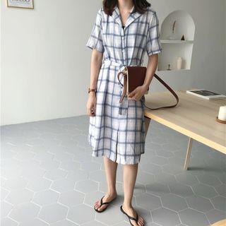Plaid Short-sleeve Shirt Dress As Shown In Figure - One Size