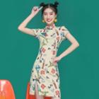 Short-sleeve Graphic Print A-line Mini Qipao Dress