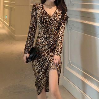 Long-sleeve Leopard Print Dress As Shown In Figure - One Size