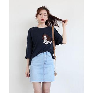 Dog Embroidered Linen Blend T-shirt