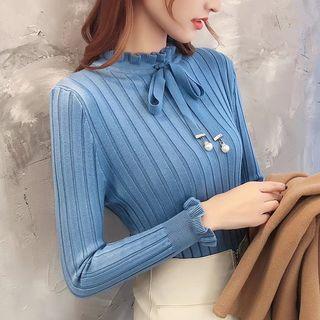 Ruffle Trim Tie-neck Ribbed Knit Top