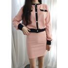Petite Size Set: Piped Faux-pearl Cardigan + Miniskirt