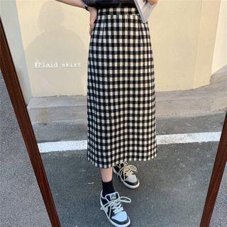 High-waist Plaid Split Shift Skirt