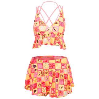 Set: Printed Ruffle Hem Bikini Top + Swim Skirt