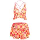 Set: Printed Ruffle Hem Bikini Top + Swim Skirt