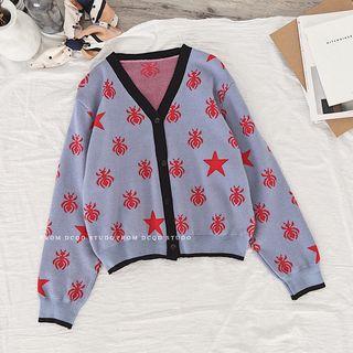 Printed Crewneck Long-sleeve Knit Top Blue - One Size