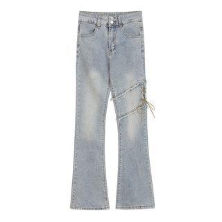 Lace-up Fray Hem High Waist Bootcut Jeans