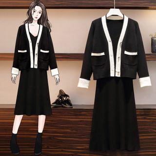 Set: Cardigan + Spaghetti Strap Midi A-line Knit Dress