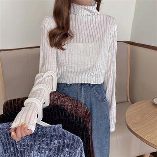 Semi High-neck Long-sleeve Velvet Top