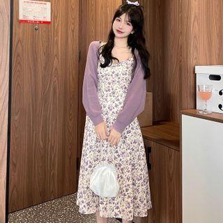 Spaghetti-strap Flora Midi A-line Dress / Cardigan