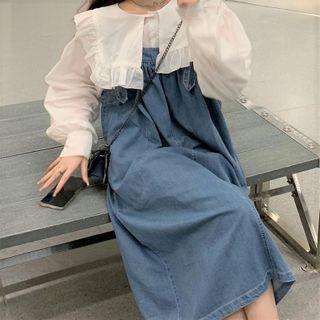 Ruffle Shirt / Denim Midi Overall Dress