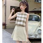 Plaid Sleeveless Top / Plain A-line Mini Skirt