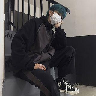 Color-block Mock-neck Loose-fit Long-sleeve Zip Jacket / Color-block High-waist Loose-fit Pants