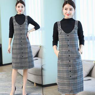Set: Mock Turtleneck Long-sleeve Top + Midi Plaid Pinafore Dress