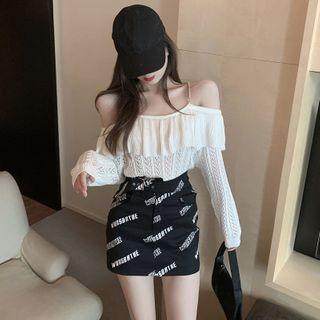 Cold-shoulder Pointelle Knit Top / Lettering Pencil Skirt