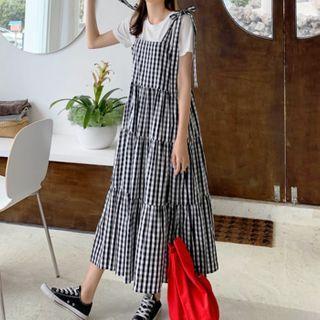 Spaghetti Strap Tiered Checked A-line Midi Dress