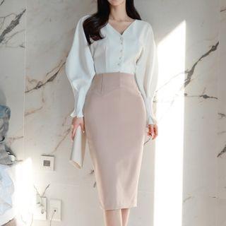 Set: Puff-sleeve V-neck Blouse + High Waist Pencil Skirt