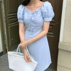 V-neck Puff-sleeve Tie-front Dress Blue - One Size