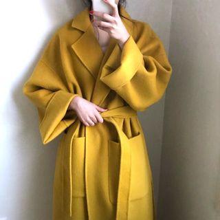 Open Front Tie-waist Woolen Coat