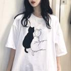 Cat Print Short-sleeve T-shirt White - One Size