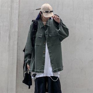 Front Pocket Fray Trim Button Jacket