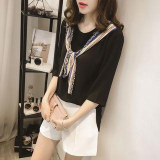 3/4-sleeve Chiffon Tie Neck T-shirt