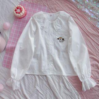 Bell-sleeve Collared Embroidered Blouse White - One Size