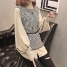 Set : Plaid Vest + Long-sleeve Blouse