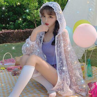 Long-sleeve Floral Hooded Cardigan As Shown In Figure - One Size