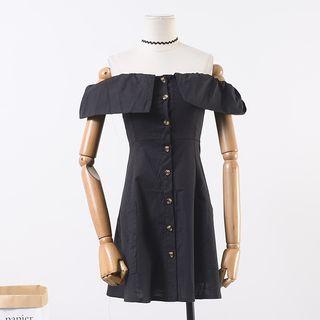 Off-shoulder Buttoned A-line Dress