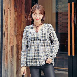 V-neck Checked A-line Blouse