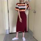 Color-block Stripe Short-sleeve Top / Slit-hem Skirt
