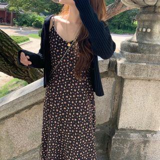 Ribbed Cropped Cardigan / Spaghetti Strap Floral Print Midi Dress