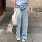 Plaid Front-slit Pants Blue - One Size