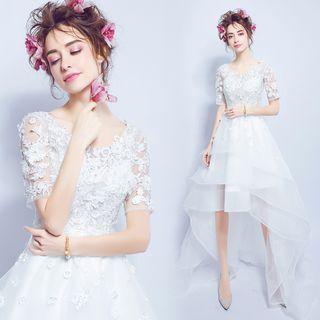 Short-sleeve Crochet Lace High-waist Wedding Gown