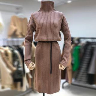 Long-sleeve Mock-neck Rib Knit Dress